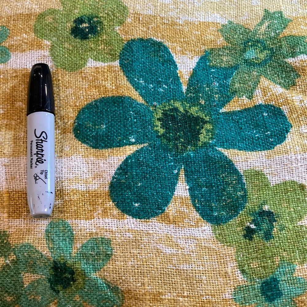 2 pieces available 5th Ave Designs green printed linen Olive and teal. 70’s? 401